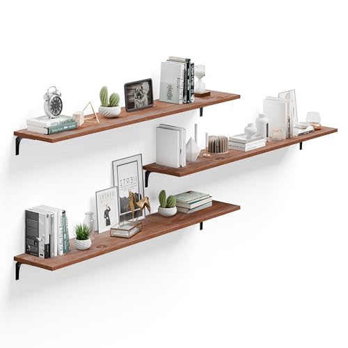 Image of Deep Floating Shelves, 12 Inch Extra Wide Solid Wood Wall Shelves, 60 Inch Long Heavy Duty Wall Mounted Bookshelf for Living Room, Kitchen and Bedroom, Set of 3 (Brown)