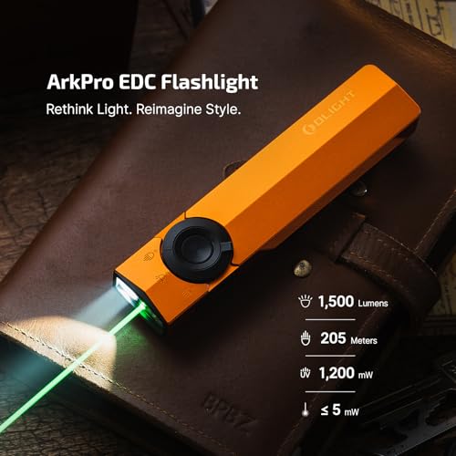 Image of OLIGHT ArkPro EDC Flat Flashlight Rechargeable with Green Beam, UV and White LED,1500 Lumens USB-C Pocket Camping Flashlight, Spotlight Floodlight for Outdoor Emergency Working (Orange CW)