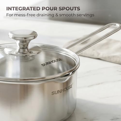 Image of SUNHOUSE 1.5 QT Sauce Pan with Lid & Pour Spouts, Tri-Ply Base