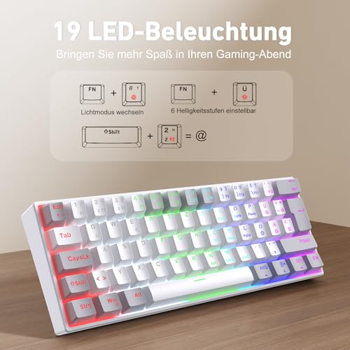 TECURS Mechanische Gaming Tastatur mit Blue Switches (kabelgebunden) - QWERTZ DE Layout, LED Hintergrundbeleuchtung, Kompakte 60% Tastatur für PC/Windows/PS5/PS4 - Weiß und Grau – Bild 5