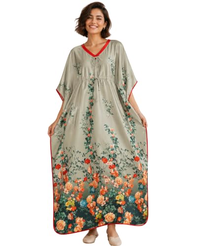 Image of Noty Women's Kaftan Nighty | Digital Print | Sarena Fabric | V Shaped Neck Nightwear | Nightdress for Girl
