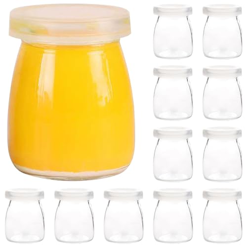 Sertay 12 Piezas Tarros Tapa 150ml, Vasos Postre Vidrio, Tarros Cristal Tapa Pequeños, Tapas Botellas Vidrio Pudín, Botes Cristal Yogurt, Adecuados para Almacenar Leche, Mermelada, Yogur (150ml*12)