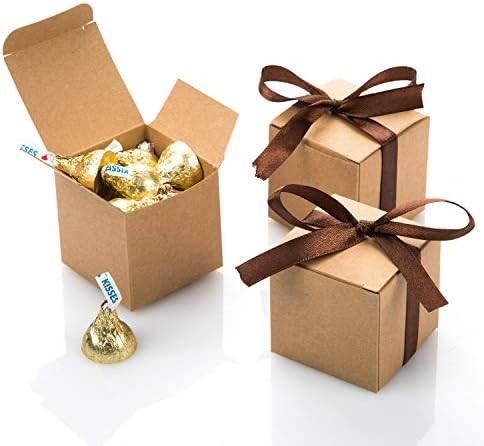 AWELL Kraft Gift Candy Box Bulk 2x2x2 inches with Brown Ribbon Party Favor Box,Pack of 50
