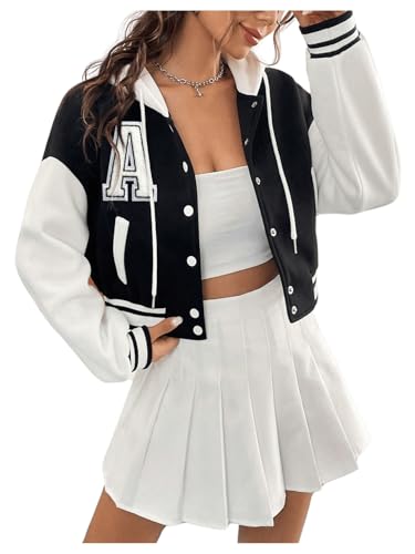 SweatyRocks Women's Letter Print Hooded Bomber Jacket Color Block Long Sleeve Cropped Baseball Jacket Outerwear