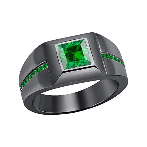 RUDRAFASHION Princess Cut Green Emerald 14K Black Gold Over Sterling Silver Men's Engagement Solitaire Wedding Ring