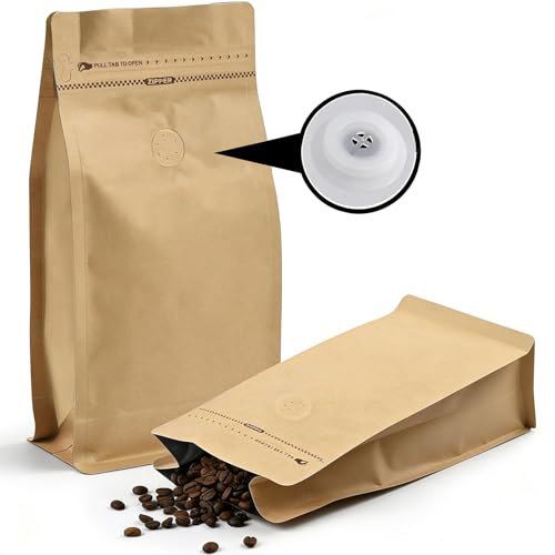 Coffee Bags with Valve (16oz, 50pcs) Kraft Paper Aluminum Foil Flat High Barrier Bottom Standing Coffee Beans/Grounds Packaging Bags, Resealable Side Zipper, One-Way Degas Valve for Home or Business