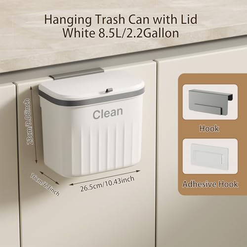 Image of Hanging Trash Can with Lid, 2.2 Gallon Kitchen Garbage Bin Food Waste Container Kitchen Compost Bin Wall Mounted Trash Can for Kitchen, Cupboard, Bathroom, Bedroom, Office, Under Sink - White