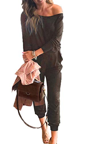 PRETTYGARDEN Women s Casual Long Sleeve Jumpsuit Crewneck One Off Shoulder Elastic Waist Stretchy Romper with Pockets Brown
