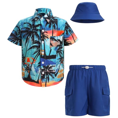 Image of IBTOM CASTLE Boys Hawaiian Button Down Shirts and Short Sets with Bucket Hat Kids Summer Vacation Outfits Tropical Shirt