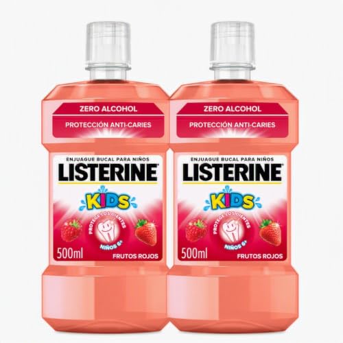 Listerine Enjuague Bucal Sin Alcohol para Niños, Smart Rinse, Sabor Frutos Rojos, Protección Anti Caries, Con Flúor, 500 ml (Paquete de 2)