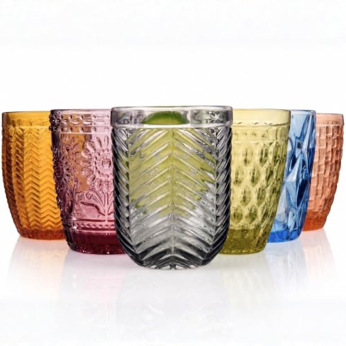 Sänger Trinkgläser Set Porto 6 teiliges Gläser Set für 6 Personen aus Glas, Wasserglas, Mehrfarbig, einzigartiger Schliff, Alltag, Familienessen, Büro, Outdoor Saftgläser Set | 310 ml
