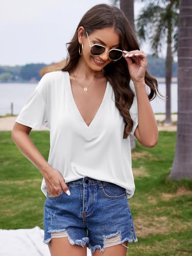 Image of UNCLECAT Womens Deep V Neck T Shirts Summer Oversized Short Sleeve Tops