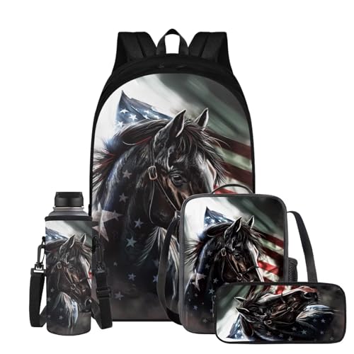 YEXIATODO Black Horse Patriotic Kids Backpack Set 4PCS 4th of July Themed Backpack with Lunch Box Pencil Case Water Bottle Holder for School Picnics Red White & Blue School Bags for Boy Girls