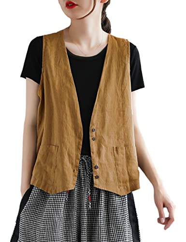 Bozanly Women's Sleeveless Button Down Vest Casual V Neck Cotton Linen Blazer Jacket with Pockets