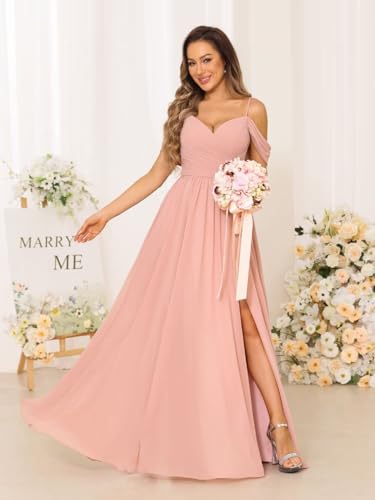 Women's Cold Shoulder Chiffon Bridesmaid Dresses with Slit Long Pleated A-line Formal Party Dress with Pockets RO0442