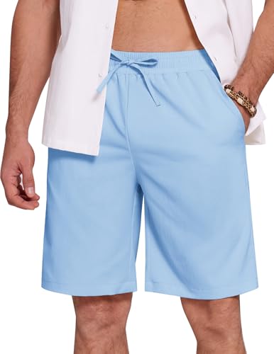 COOFANDY Men's Drawstring Shorts Loose Fit Elastic Waist Shorts Flat Front Dress Shorts Light Blue