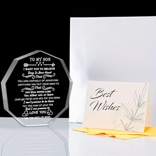 Image of DIGI ARTS Crystal Souvenir Decorative Signage Gift from Mom Dad to My Son Inspirational Birthday Graduation Back to School Christmas Valentine's Day for Adult Teen Boy 12.5 x 12.5 cm