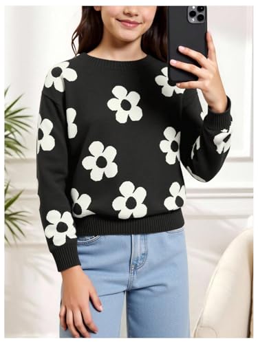 Image of BEAUDRM Girl's Cute Bow Sweater Crew Neck Long Sleeve Drop Shoulder Loose Pullover Tops