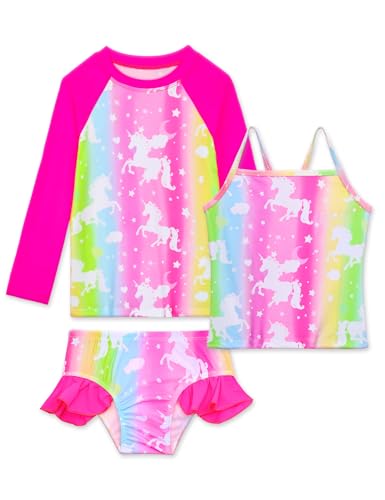 Image of Girls Rash Guard Swimsuit 3 Pieces Long Sleeve UPF50+ Quick Dry Bathing Suit for Toddler 3-12Y