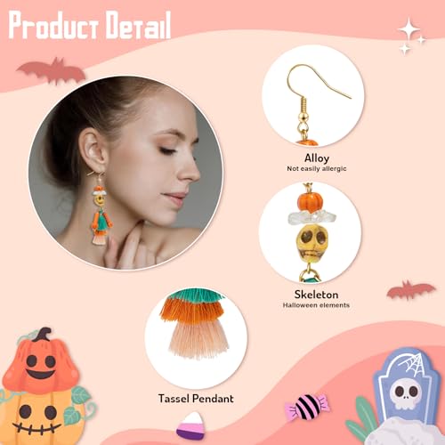 Halloween Skeleton Earrings - Colorful Beaded Pumpkin Tassel Drop Earrings for Women - Unique Handmade Jewelry for Costume Parties3