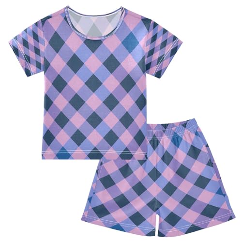 senya Short Sleeve Pajamas Sets Summer Cotton Sleepwear Purple and Blue Checkered