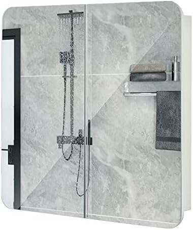 Meerveil Bathroom Mirror Cabinet, Wall-mounted Storage Cabinet with 2 Doors 5 Shelves Wooden Modern Style, 68 x 13 x 66 cm, White