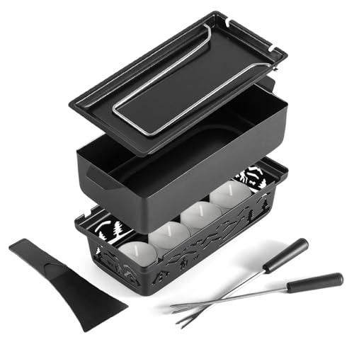 Swissmar Tandem Candle Fondue & Raclette Set - Portable 2-in-1 Tabletop Fondue Pot with Raclette Dish, Forks, Spatula & Tealight Candles