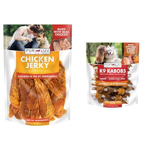Pur LuvJerky and Kabob Bundle, Dog Jerky Treats, 16oz + Chicken, Duck, and Sweet Potato K9 Kabob Treats, 12oz, Easily Digestible, Long-Lasting, High Protein Dog Treats, Satisfies Dog's Urge to Chew