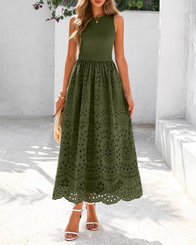 Image of dowerme Women Summer Dresses 2026 Casual Sleeveless Crewneck A-Line Boho Lace Eyelet Cotton Tank Maxi Dress with Pockets