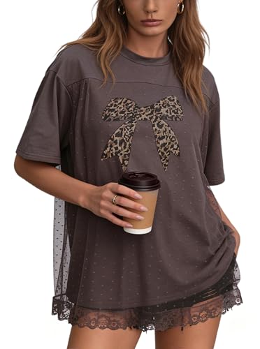 CSDAJIO Trendy Crew Neck Oversized T Shirts for Women Short Sleeve Loose Graphic Tee Summer Lace Top Bow Knot Grey Medium