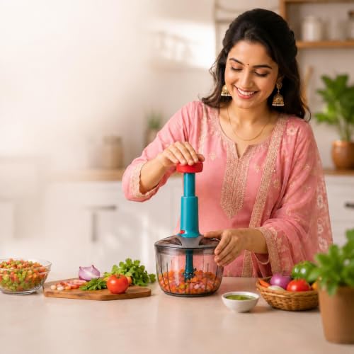 Image of DHANYAVEDA 2-in-1 Manual Push Chopper 1500 ml Large Vegetable Cutter with Sharp Stainless Steel Blades | Food Grade Onion, Tomato, Garlic, Fruit & Salad Chopper | GIFT FOR MOM (1500 ml)