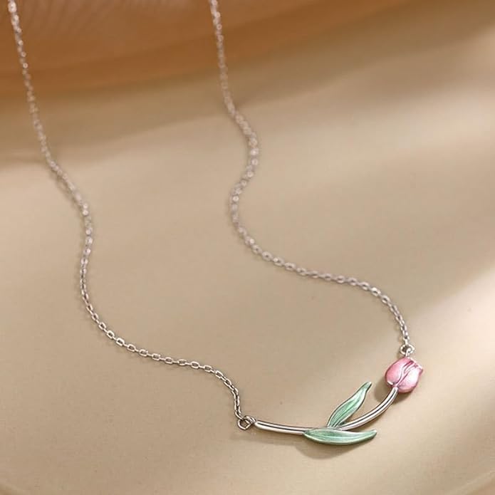 Image of El Regalo 1PC Tulip Flower Bud Pearl Pendant Necklace for Girls & Women- Pink Oil Dripping Enamel Tulip Flower Necklace (Tulip Flower)