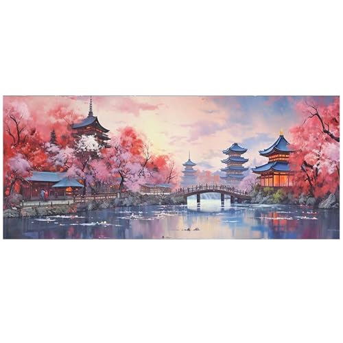 JISHSHAY Diamond Painting Grand Format 110×50cm Paysage Peinture Diamant Painting Diamond Art Temple Japonais Broderie Diamant Sakura Point de Croix...