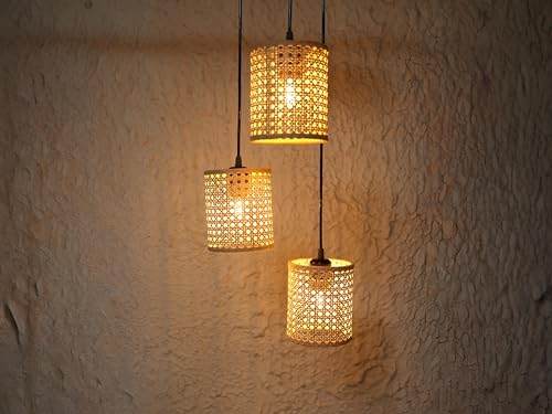Image of Ikari Homes Rattan Chandelier 3 in1 Pendant Light, Natural Beige, Boho Style, E27 Base, Chandelier for Living Room I Dining I Bedroom I Balcony I Adjustable Wire - (Bulbs not Included) (Hex Mesh)