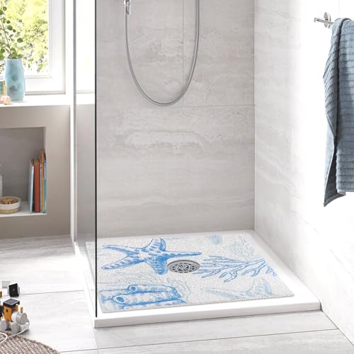 Image of Square Shower Mat Non Slip: 36 x 36 Inch Extra Large Shower Mats with Drain Hole in Middle - PVC Loofah Anti Slip Shower Floor Matt for Inside Shower