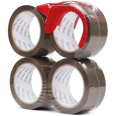 QILIMA No Noise Packing Tape, 4 Rolls with refillable Dispenser, Heavy Duty Shipping Tape for Sealing Packing, Moving, Office&Storage,2.7 mil, 1.88 inch x 55 Yards, Brown Cover