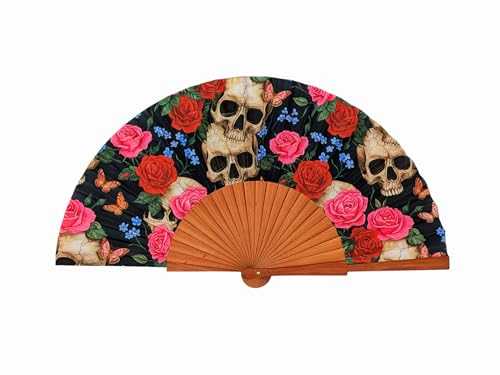 Genérico Abanico Español Artesanal Death & Roses - Madera de Peral y Algodón - Diseño Exclusivo Calaveras y Rosas - 23 cm - Hecho a Mano en España
