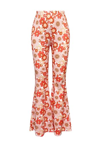 Image of OYOANGLE Girl's Boho Floral Print Elastic Waist Flared Leg Pants Casual Bell Bottom Trousers