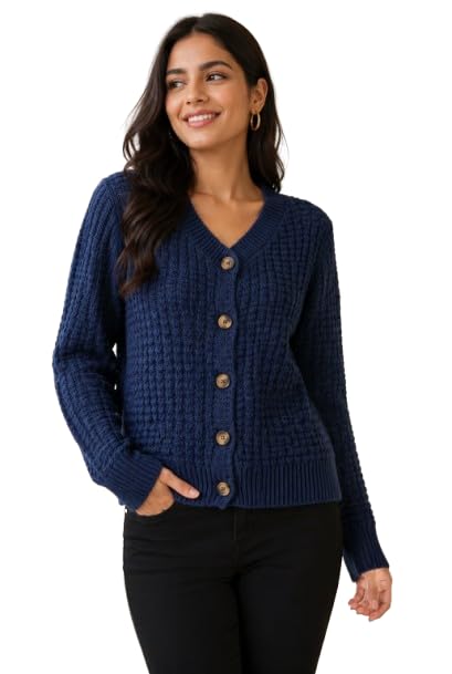 nobarr Women's Dark Blue 100% Cotton Knitted Cardigan Sweater | V-Neck | Full Sleeve | Button Closure | Soft Loose Fit Casual Winter Wear-picture-34