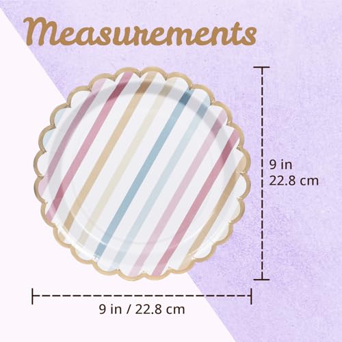 Image of Party Paper Plates, 50-Pack 9-Inch Bulk Disposable Decorative Paper Plates with Gold Scalloped Trim, Pastel Colors for Tea Party, Easter, Garden Party, and Bridal Showers, Gilded Candy Stripes