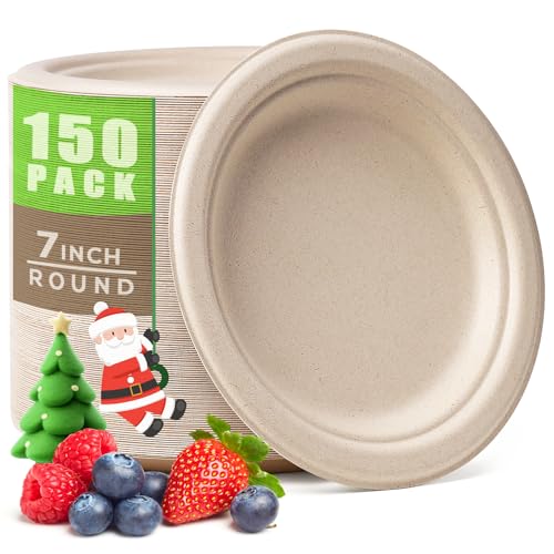Gezond 100% Compostable Paper Plates 7 Inch, 150pcs Disposable Heavy-Duty Plates Unbleached Biodegradable Plate Made of Sugarcane Fiber