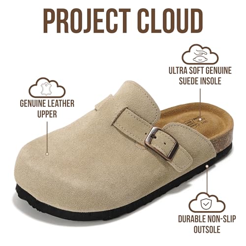 Image of Project Cloud 100% Genuine Leather Kids Clogs with Natural Cork Footbed & Memory Foam Insole Arch Support - Non-Slip Clogs for Kids - Slippers Sandals for Boys & Girls Footwear