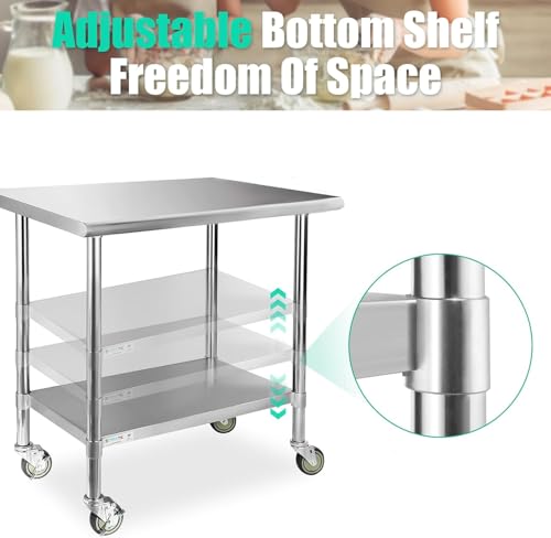Image of STABLEINK NSF Stainless Steel Prep Table 36x30 with Wheels, Metal Work Table with Adjustable Undershelf, for Commercial Kitchen, Restaurant, Hotel, Laundry and Garage