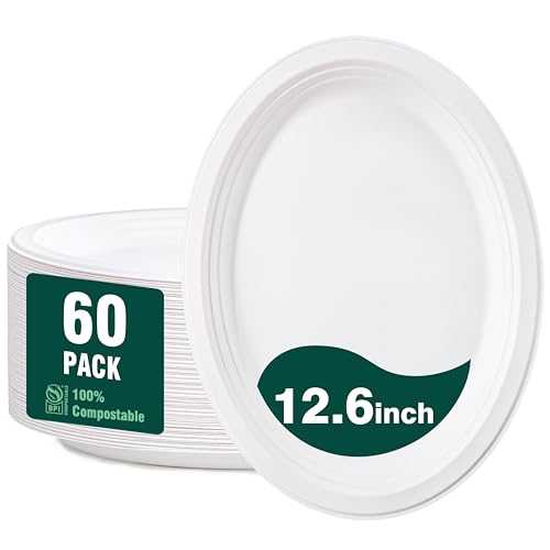 DaYammi 100% Compostable Oval Paper Plates 12 Inch 60-Pack Heavy Duty Paper Plates Bulk Biodegradable Bagasse Eco-Friendly Disposable Dinner Plate for BBQ Picnic Party (BPI Certified Microwaveable)