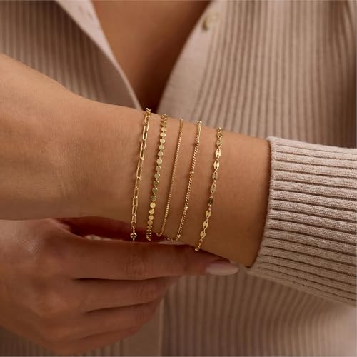 Image of Dainty Simple Gold Bracelets for Women, Stackable Satellite Paperclip Lip Bracelet Set Tiny Lip Dot Chain Box Link for Handmade Gift Minimalist Cute Trendy Jewelry Gold Accessories for Women