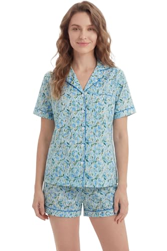 Image of LUBOT 100% Cotton Pajamas for Women 2 Piece PJ Set Poplin Woven Lightweight Ladies Button Short Sleeve Sleepwear S-XXL
