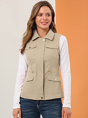 Allegra K Women's Zip Up Jacket With Pockets Sleeveless Anorak Utility Vest Large Khaki #TOP2