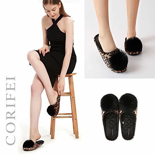 Corifei Ballerina Slippers For Women With Pom-Pom Soft House Shoes Leopard Indoor Slip On With Rubber Sole #TOP1