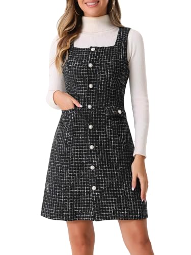 Allegra K Damen Tweed-Kleid Ärmellos Quadratischer Knopfleiste A-Linie Trägerkleid Schwarz M