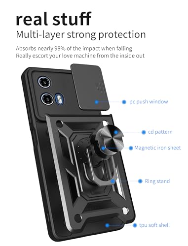 Image of SPAZY CASE Moto G45 5G / G34 5G Back Cover | Heavy Duty Hybrid Case with 360 Degree Rotating Finger Ring Holder + Slider Shutter Camera Protection Case for Moto G45 5G / G34 5G - Black